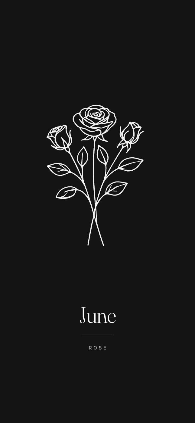 A phone wallpaper showing the June rose in white on a near-black background.